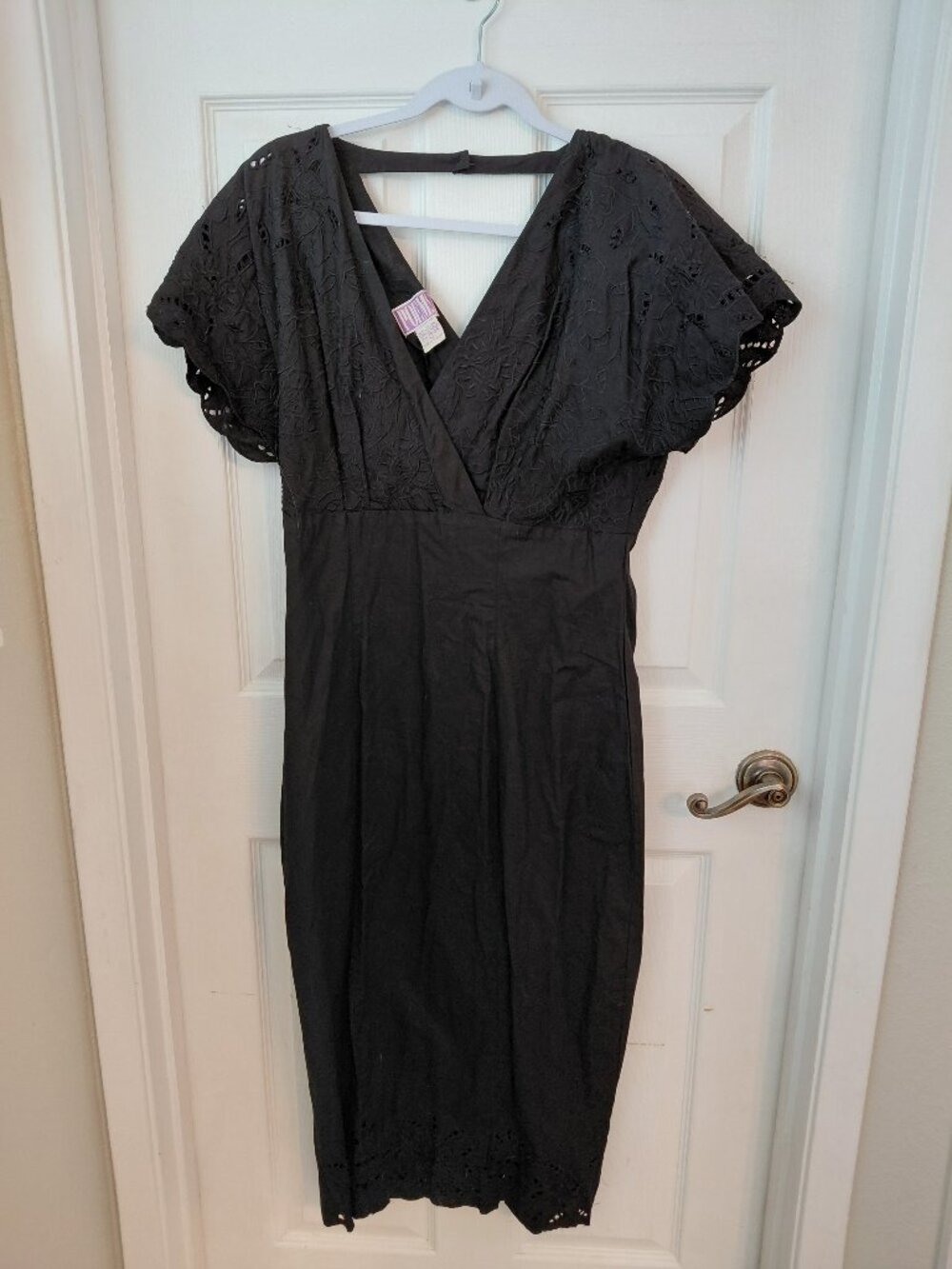 Vintage POEMS Black Cotton Midi Dress Eyelet Cotton Bow Size 12 Spring Romantic